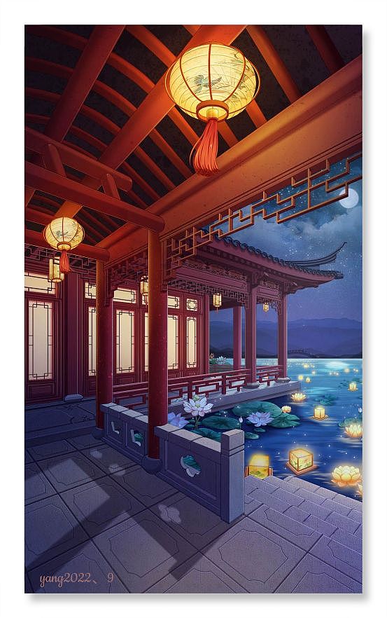 中式場(chǎng)景放水燈（圖ZMzE2NTEzNDY0） - 游戲原畫 - 站酷設(shè)計(jì)師綠豆綿綿原創(chuàng)素材 - 站酷ZCOOL