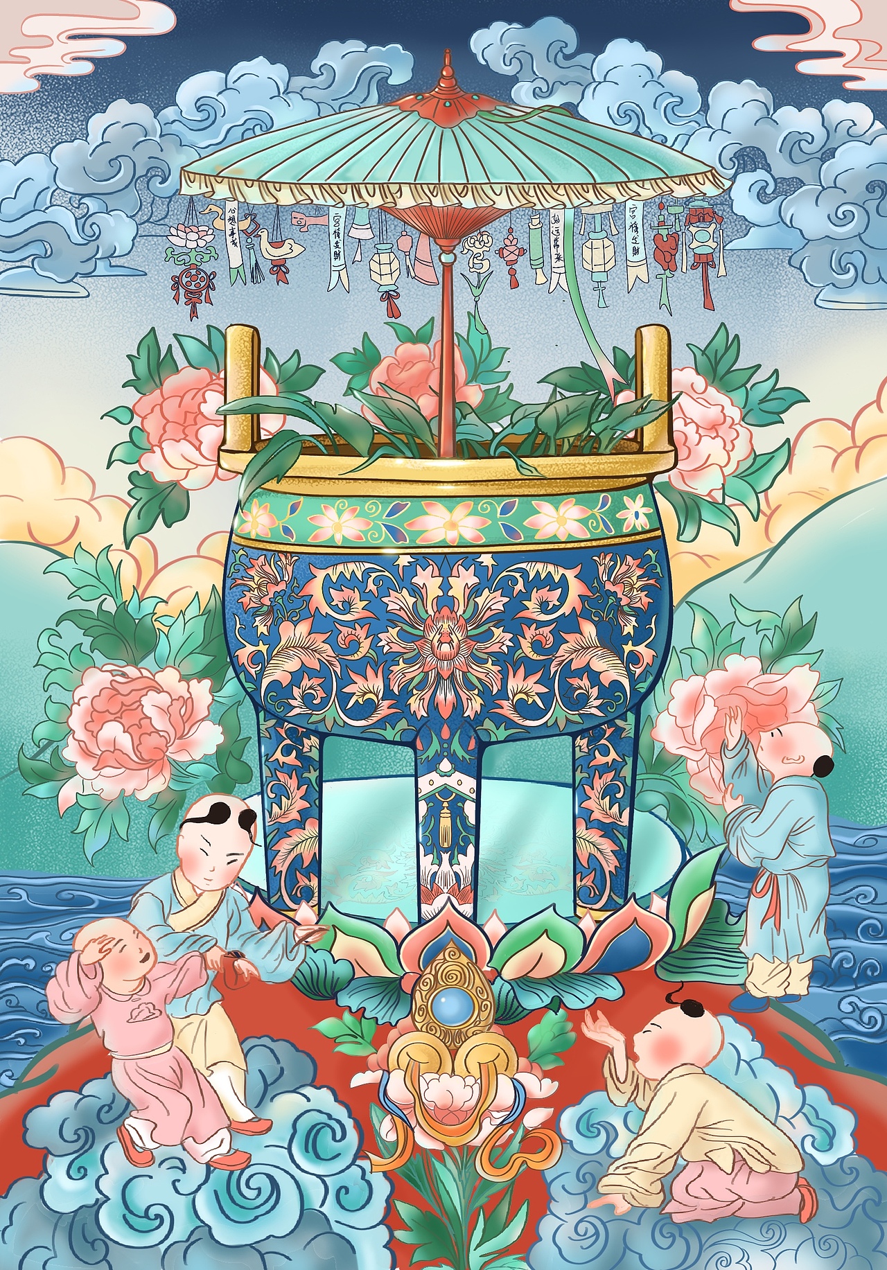 《垂髫赏炉图》主体物的灵感来源为掐丝珐琅缠枝莲纹鼎式炉,以鎏金弦纹为界使瓶身分割为两个部分,线上方的是以绿色珐琅为地,饰白色菊花纹;线下方是以蓝色珐琅为地,饰缠枝莲花纹;而其三足是以蓝色珐琅为地,饰彩色菊花纹。