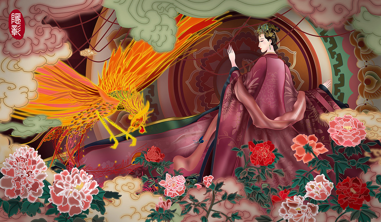 古风手绘《凤穿牡丹》富贵吉祥图案