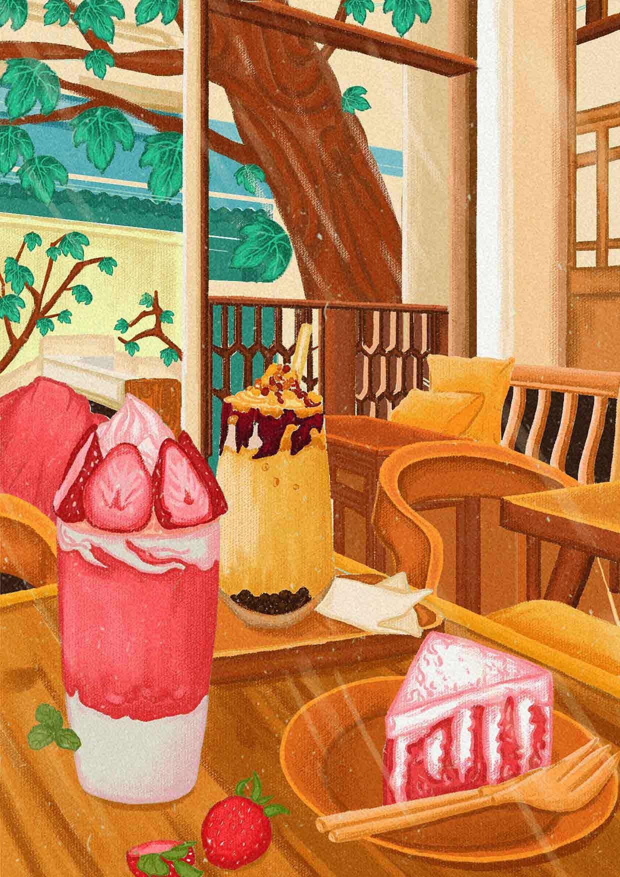 夏季美食草莓冷饮冰激凌插画