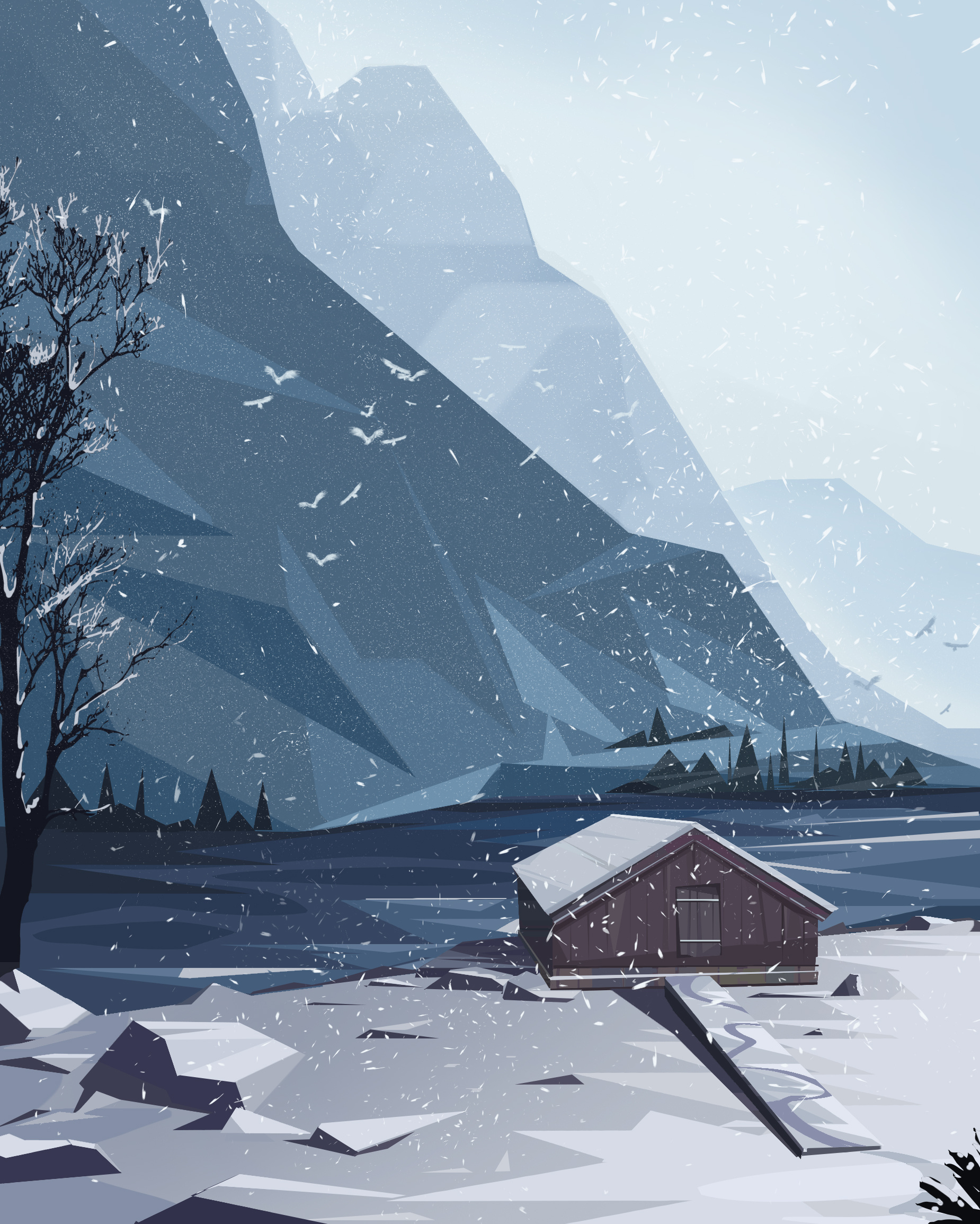 木屋雪景插画图片