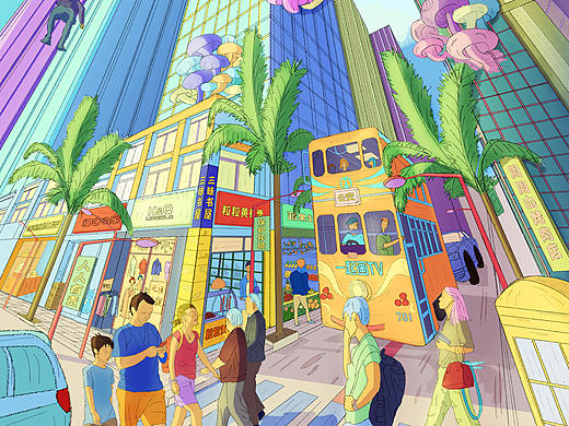 城市一角动物入侵插画