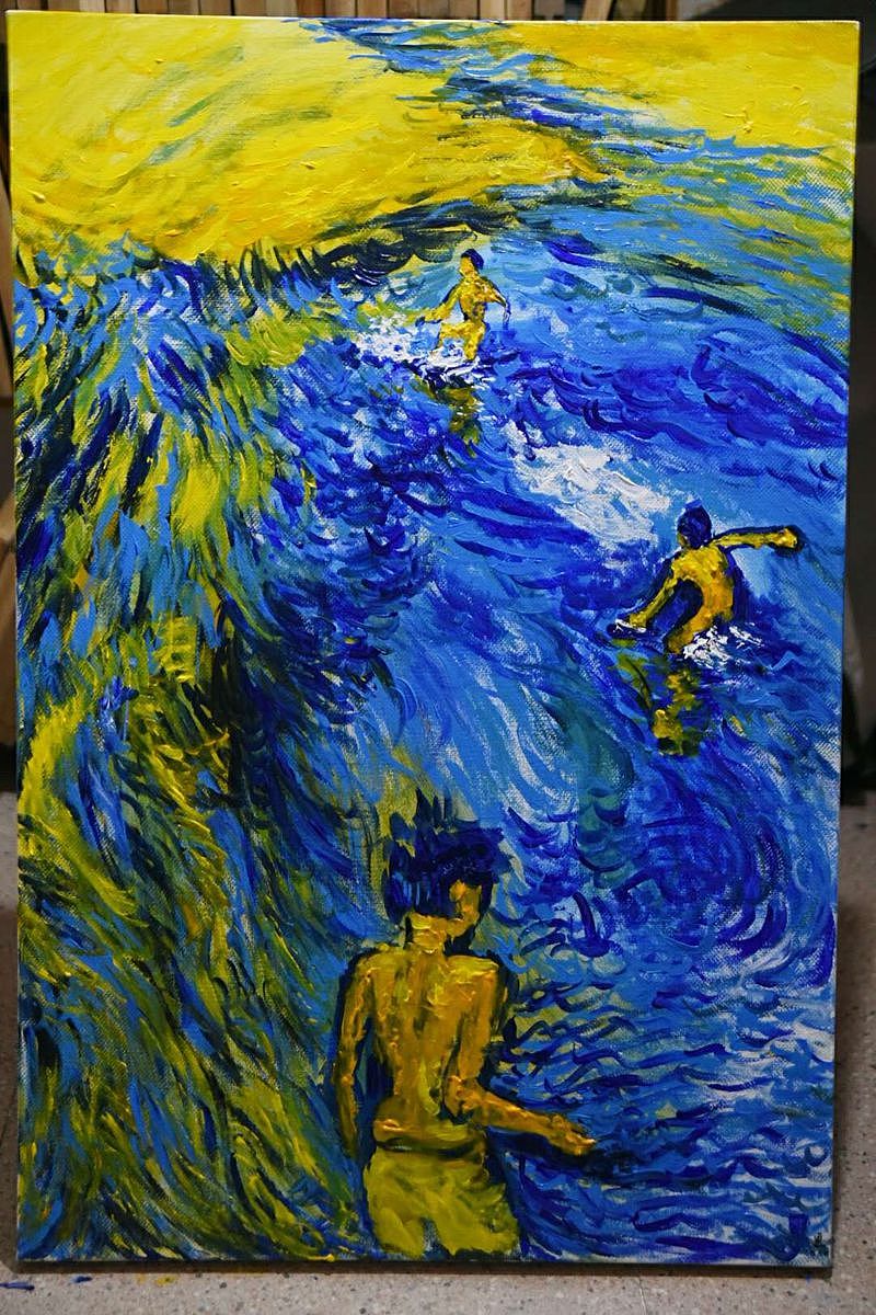 油画《水里玩耍的少年》