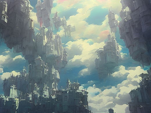 #站酷梦笔#天空中漂浮的城堡，黑白对比 光亮 色彩浓烈