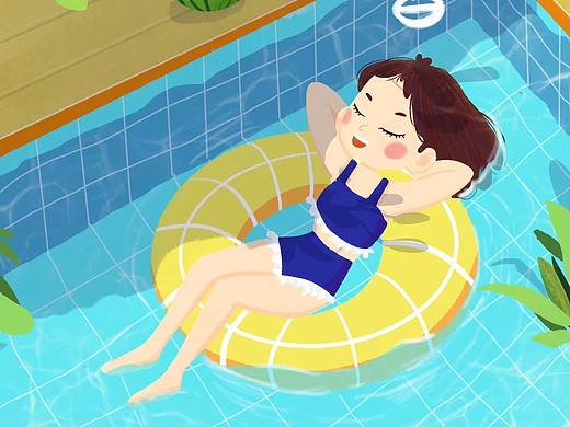 蓝色夏天泳池可爱插画