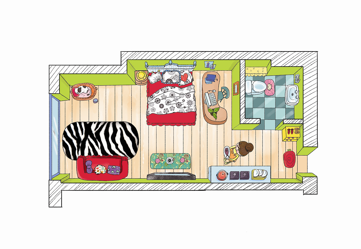 手绘女孩风格户型图房间空间