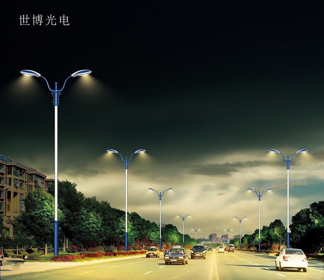简单大气12米双臂路灯杆-市政道路双臂路灯-世博光电