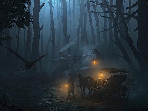 夜晚的森林小屋
