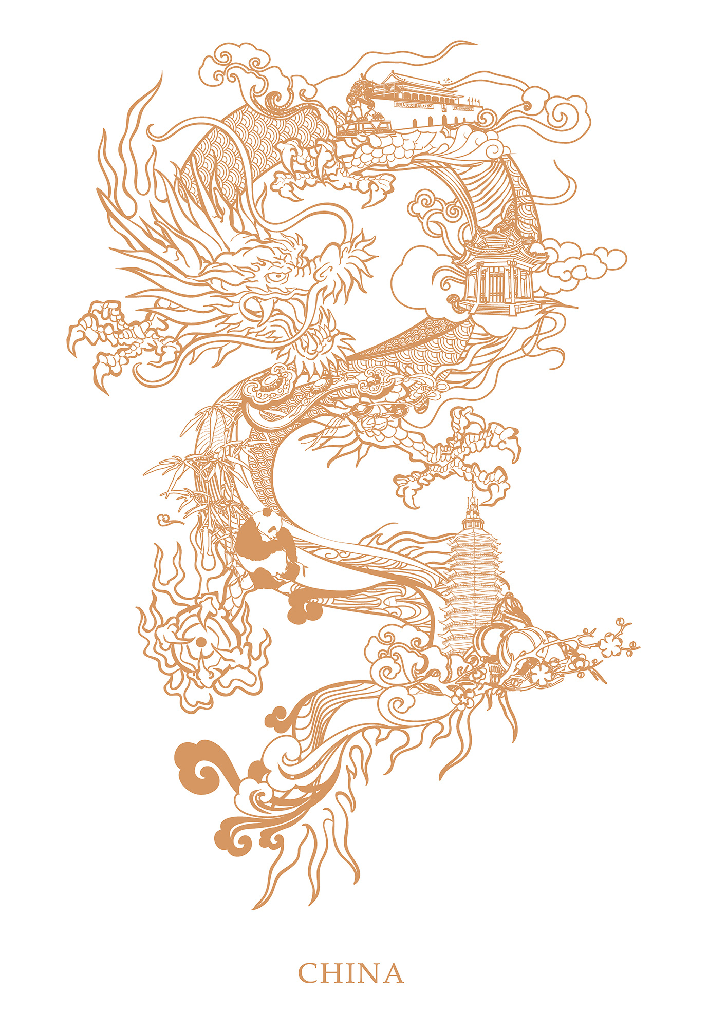 现代中国风 禅意水墨线描中国画cg插画,标志手绘ps画设计