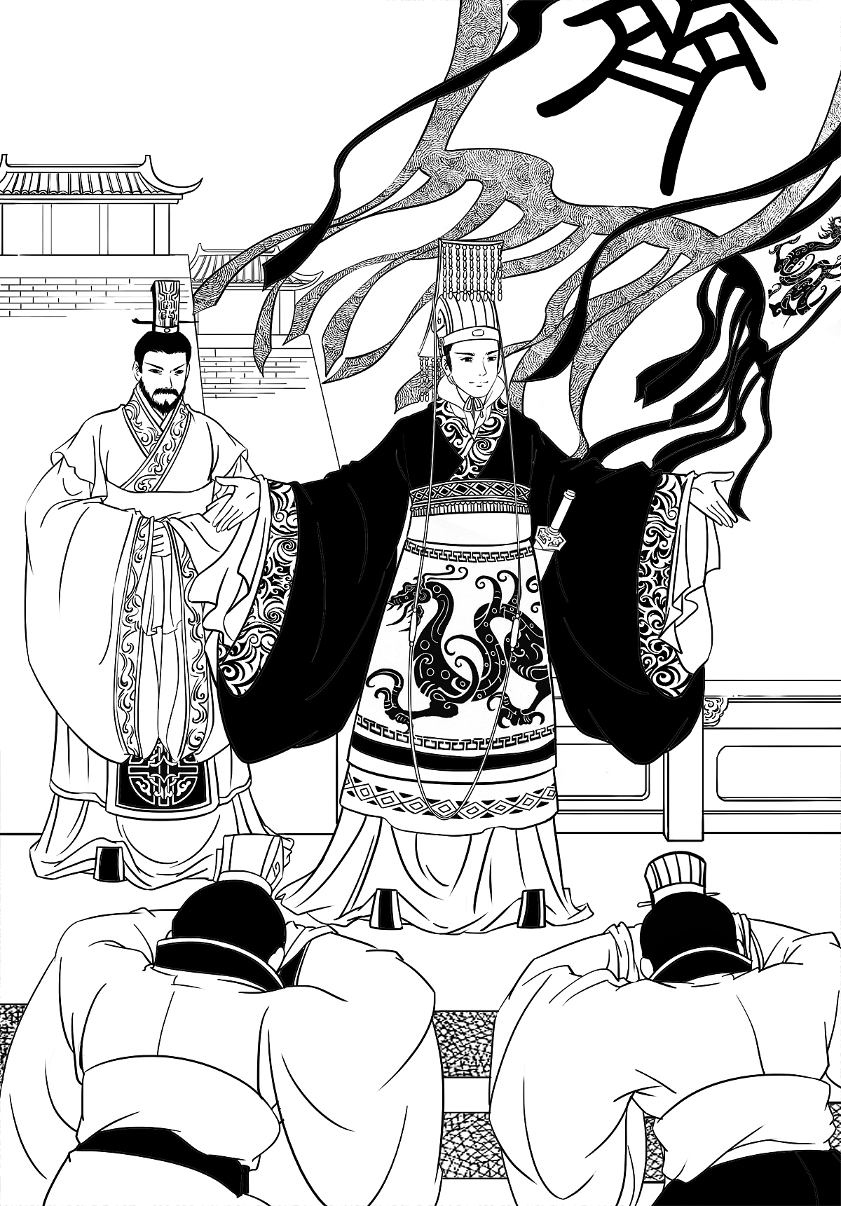 古代历史故事日漫风格线稿墨稿