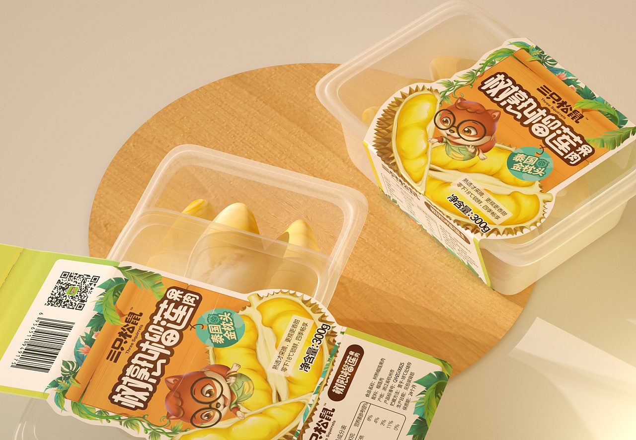 尚智三只松鼠树熟榴莲果肉包装设计