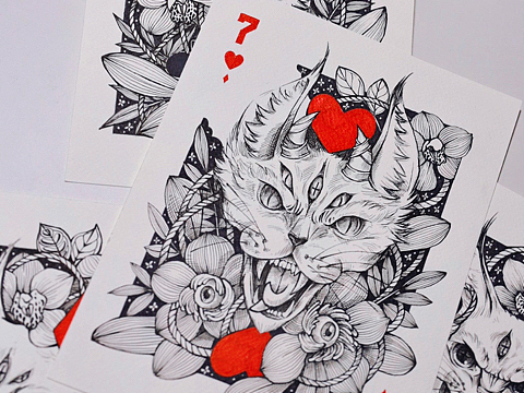 手绘一套扑克牌|红桃7|线描黑白装饰画原创