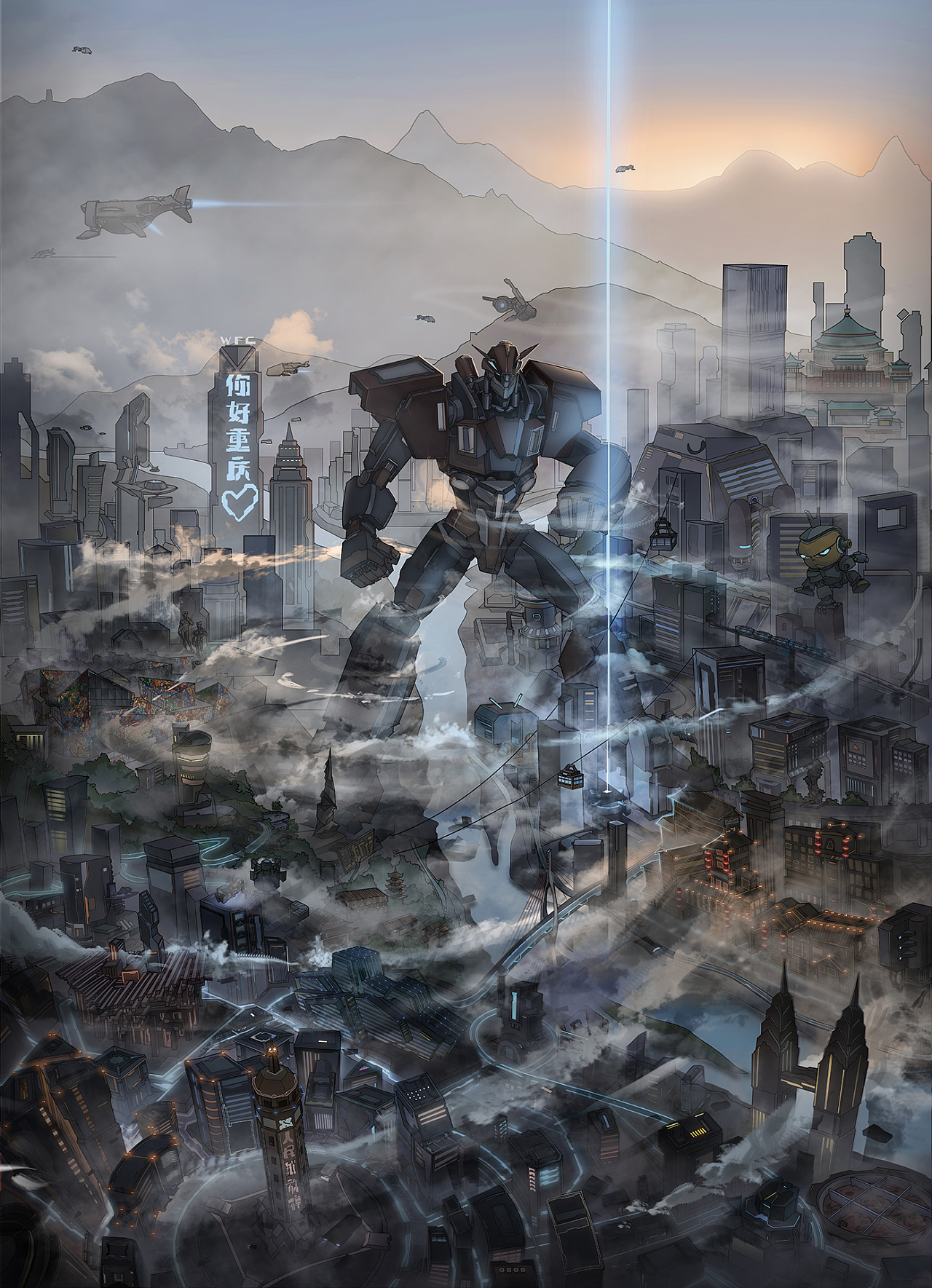最近为门罗机器人绘制的一张微缩重庆未来城市的场景插画,我把很多