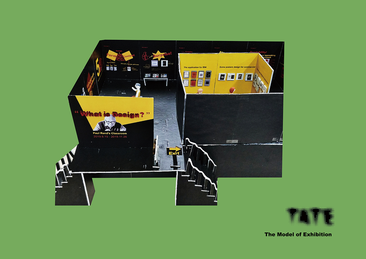 The whole model of Paul Rand's Exhibition. The backgrounds in black are the thinking and methods parts. The yellow backgrounds are Paul Rand's works.