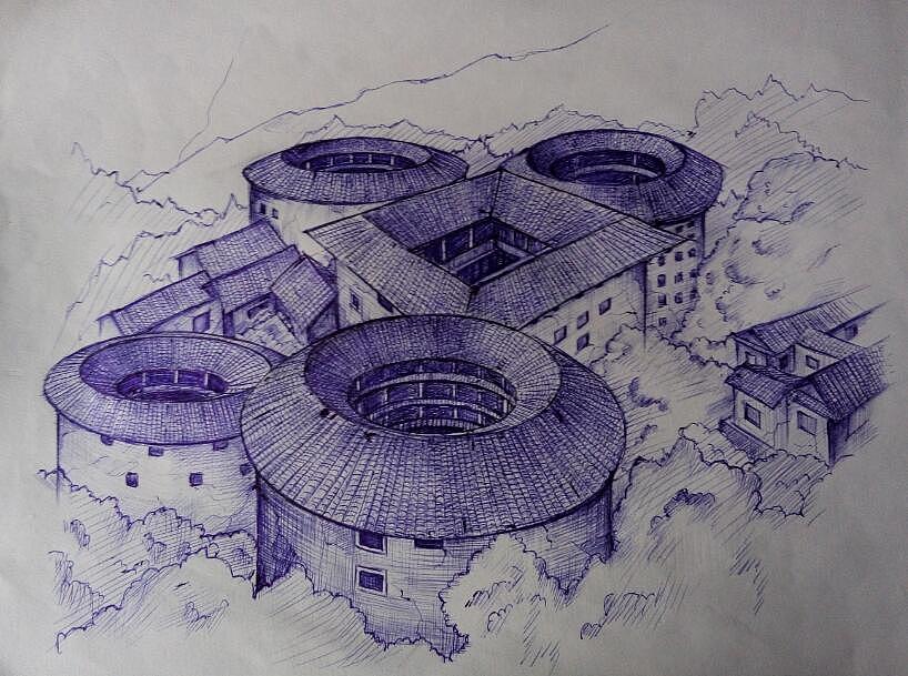 圆珠笔之福建土楼风景
