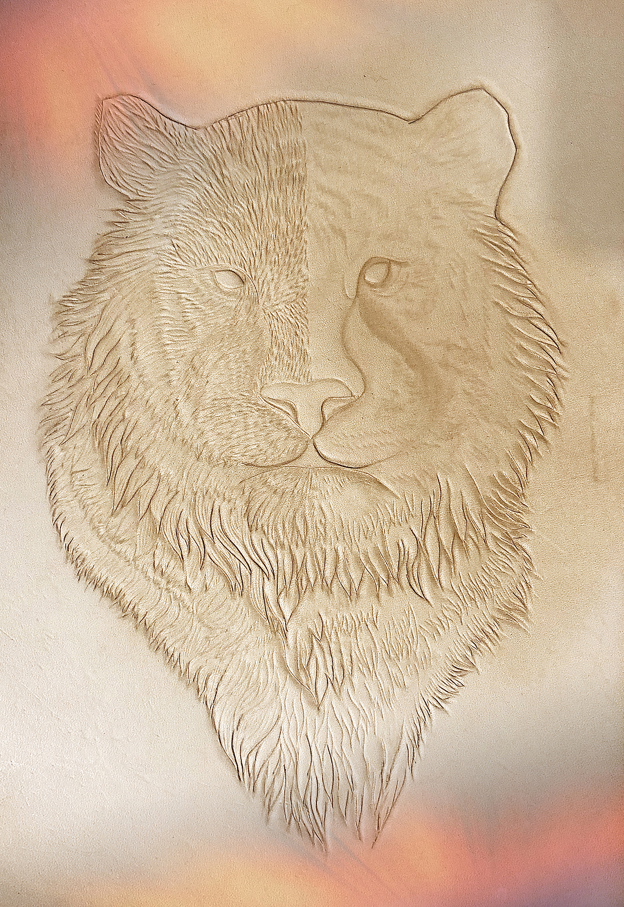 保持植鞣革的湿度,用皮塑工具制作老虎的毛发。老虎的毛发分长、中、短,三类,长毛有曲线,主要在颈部,中毛微曲,一层压一层,注意毛发的生长方向,这样才能生动;最后是鼻子以及嘴部的短毛区,按毛发生长的方向,点触生成短毛,也要注意衔接。毛发勾勒并非一撮而就,要反复多次,还要比对主次,要虚实结合。