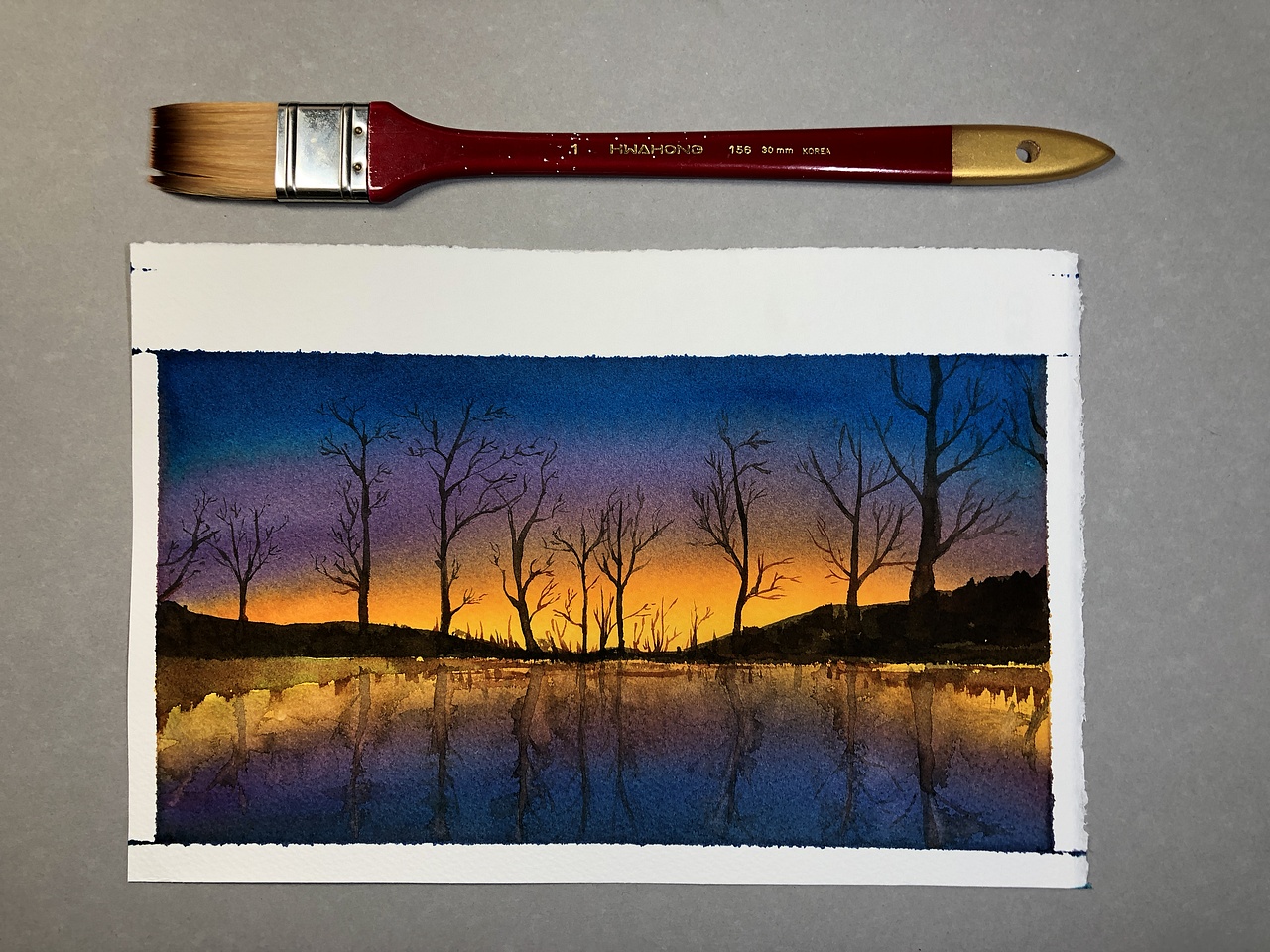 水彩风景画宁静的夕阳傍晚