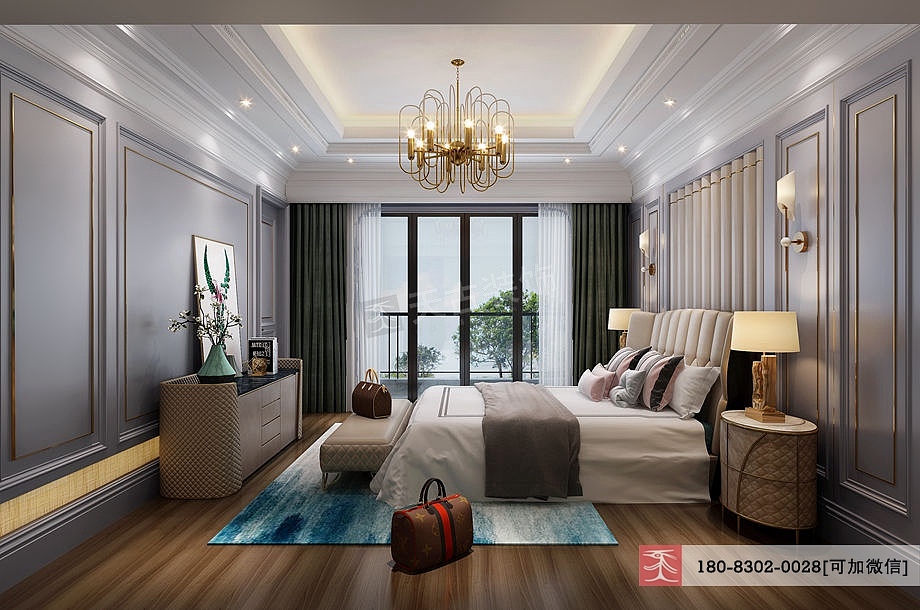 主卧根据业主的生活习惯和空间要求,做了相应的区别化的设计。天古设计师曲进着重想要凸显的是空间的大气,在空间色彩的选择上相应的加入了灰色护墙配上金属线条,软装与硬装的搭配看起来十分默契。