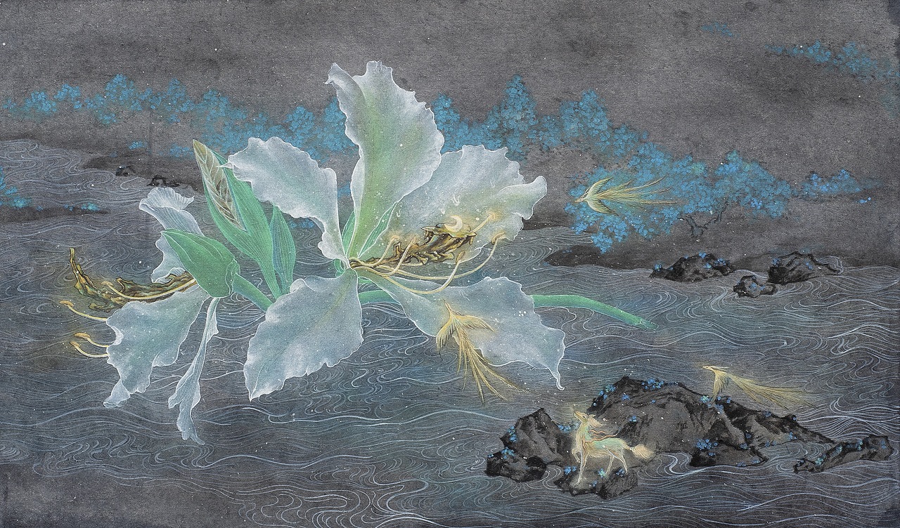 《白花鸣》纸本设色
本系列以墨江哈尼族自治县中哈尼族森林文化自然崇拜为灵感所作，此画用普洱特有食用植物白花羊蹄甲作为画面主体，将花朵雌蕊部分换作坚硬的山石。用此表达孕育之意，一花一叶，方知万物之根本。不破不立，方能开在每个当下。<br>