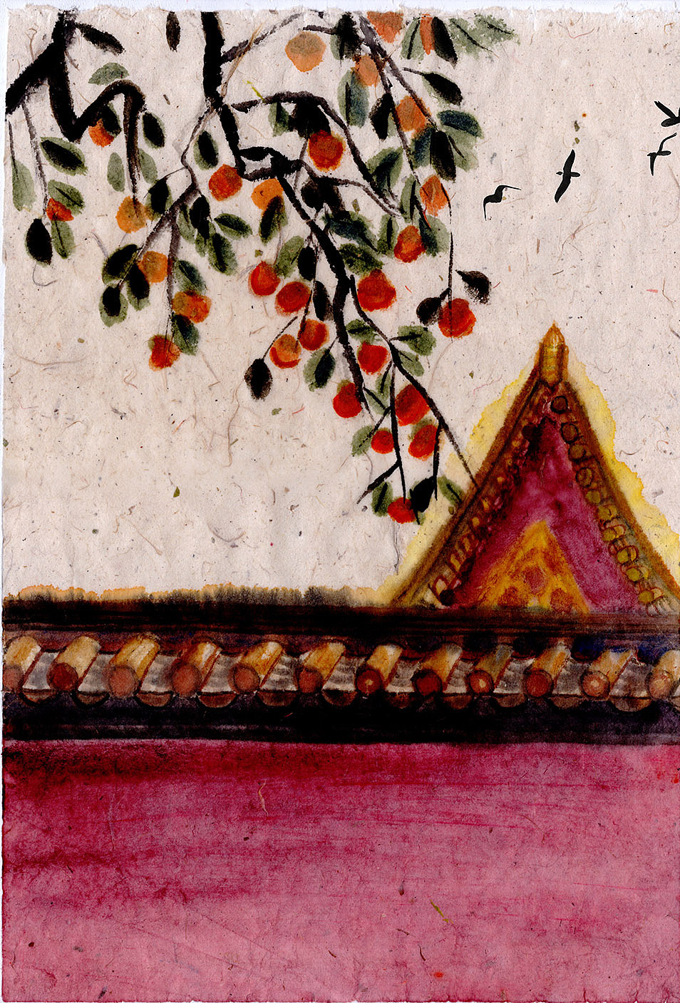 柿子树红墙飞鸟秋天秋色秋季静谧时光宫墙故宫国画
