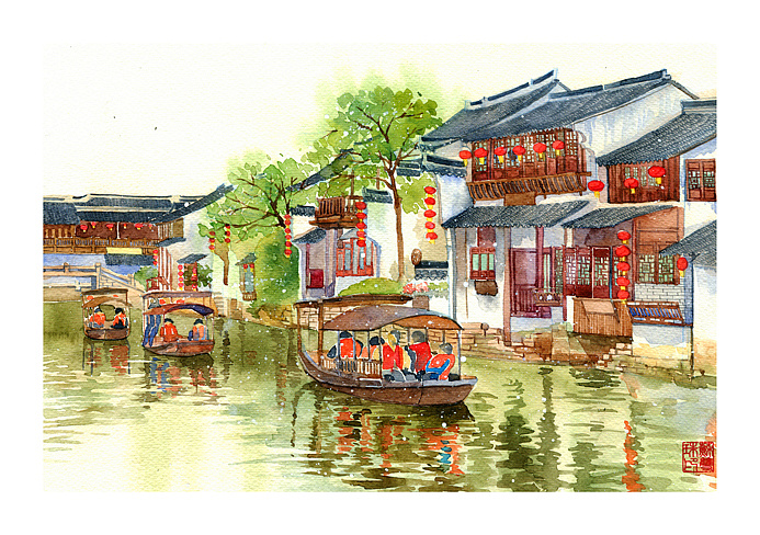 手绘城市系列浙江西塘