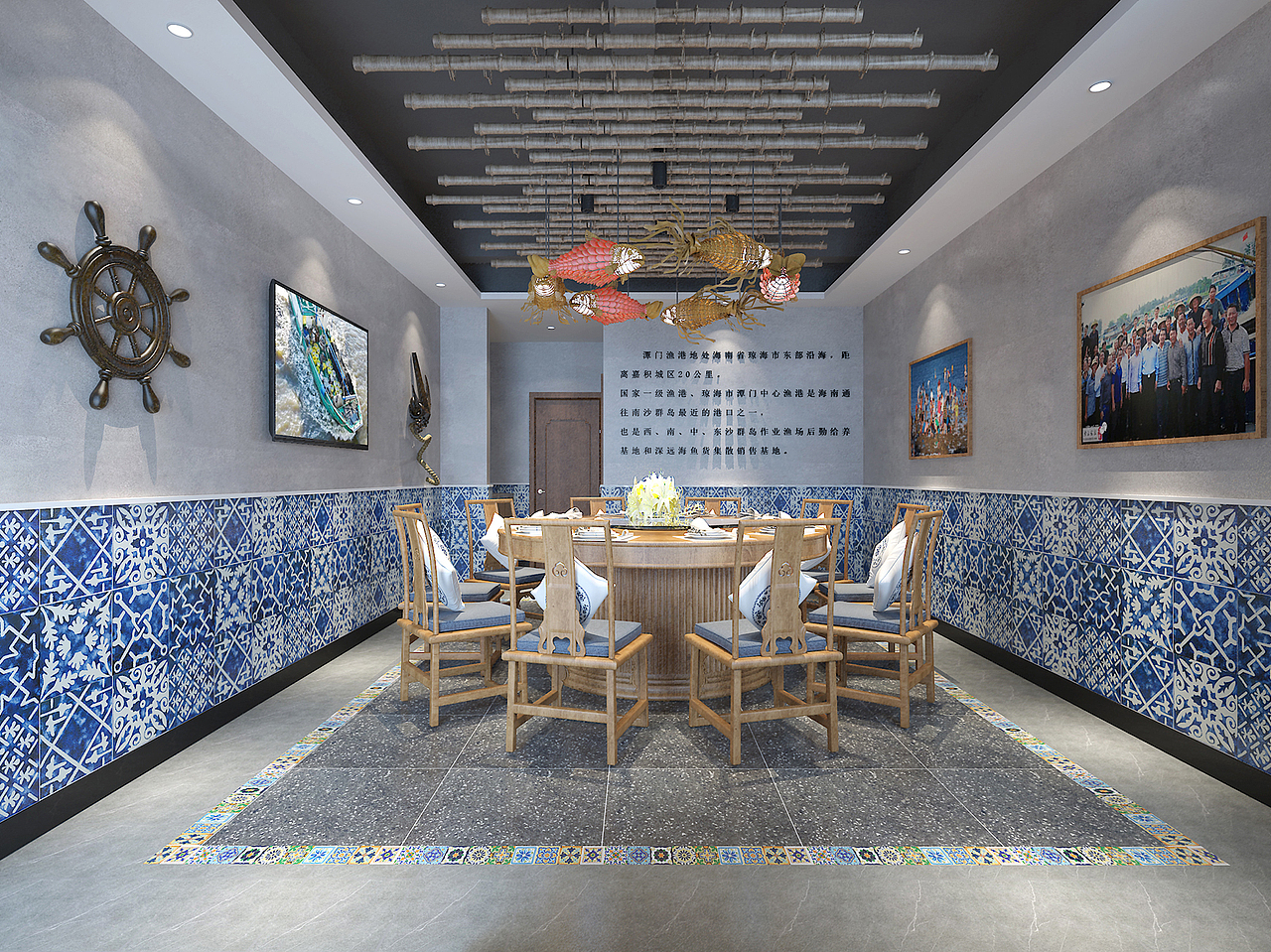 屋顶悬挂着的鲤鱼灯,是由潭门一带独有的特色——鲤鱼灯闹春,红火庆丰年而感。会迎接新的一年,鲤鱼灯队挥舞着手中的栩栩如生的“鲤鱼灯”,为家家户户送上最美的祝福,是预祝大家年年有余庆祝丰收的美好祝愿。
瓷砖与墙体的纯白,如同蔚蓝海岸与白色沙滩,在灯的光线下闪闪发光,充满自然的海洋风情,清雅宜人,让人们感受到舒适与宁静的最大魅力。