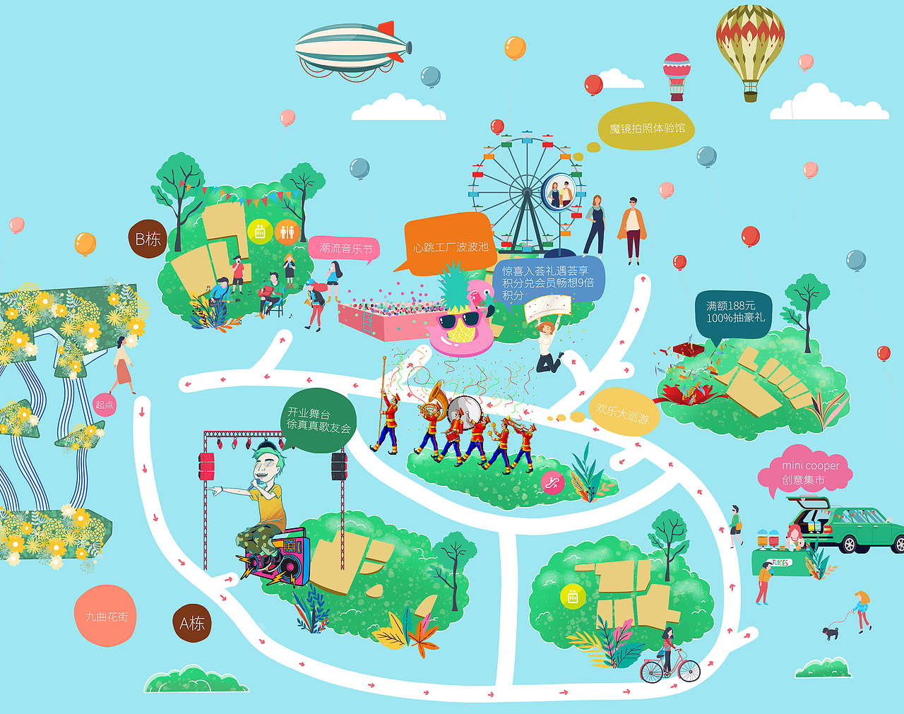 地产商场插画-公园式商业 | 侨城坊-九方荟开业kv（图ZMTY0Mjc2NDY4） - 商业插画 - 站酷设计师阿晓xj原创素材 - 站酷ZCOOL