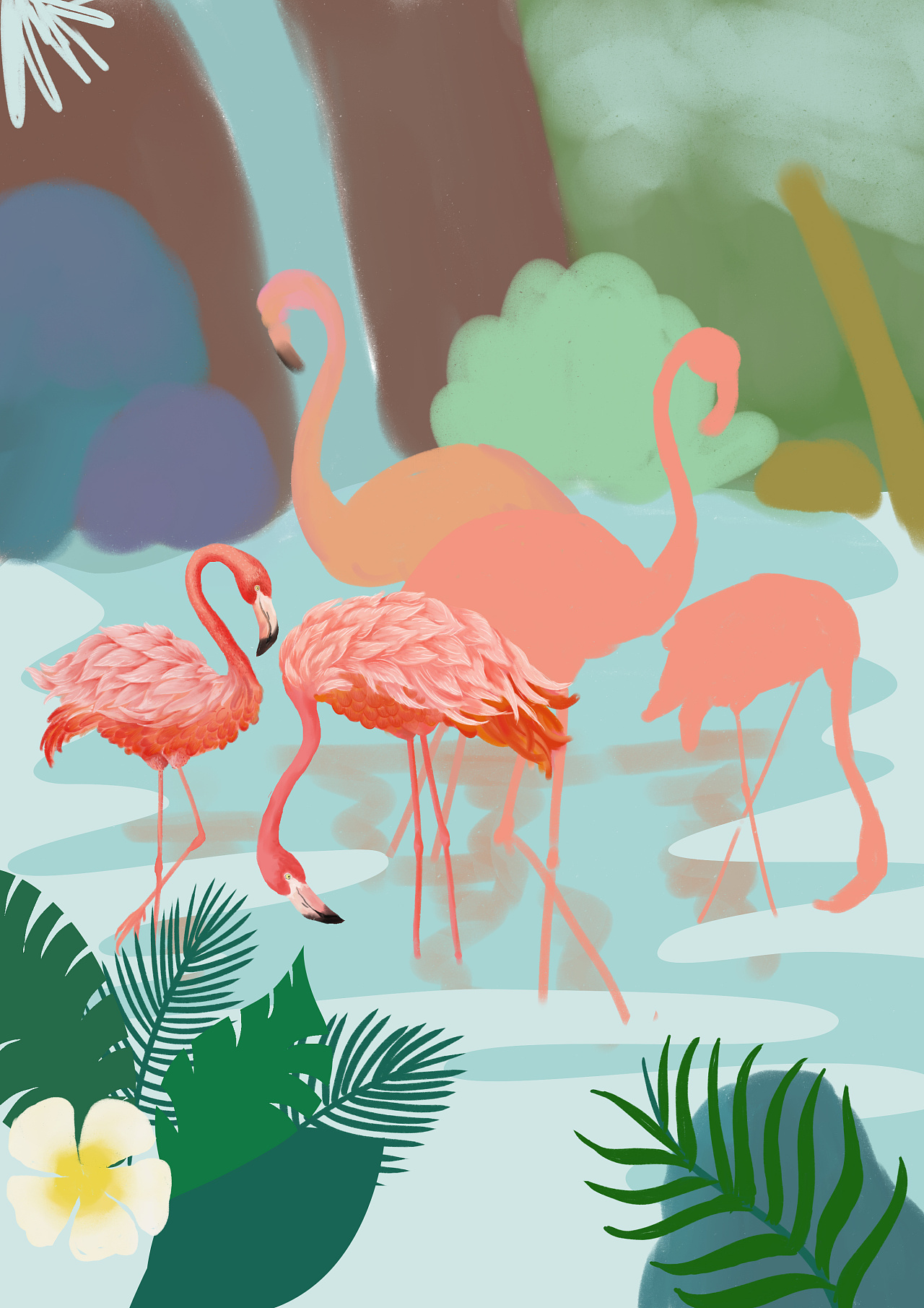 原创板绘小清新风格插画 火烈鸟女孩