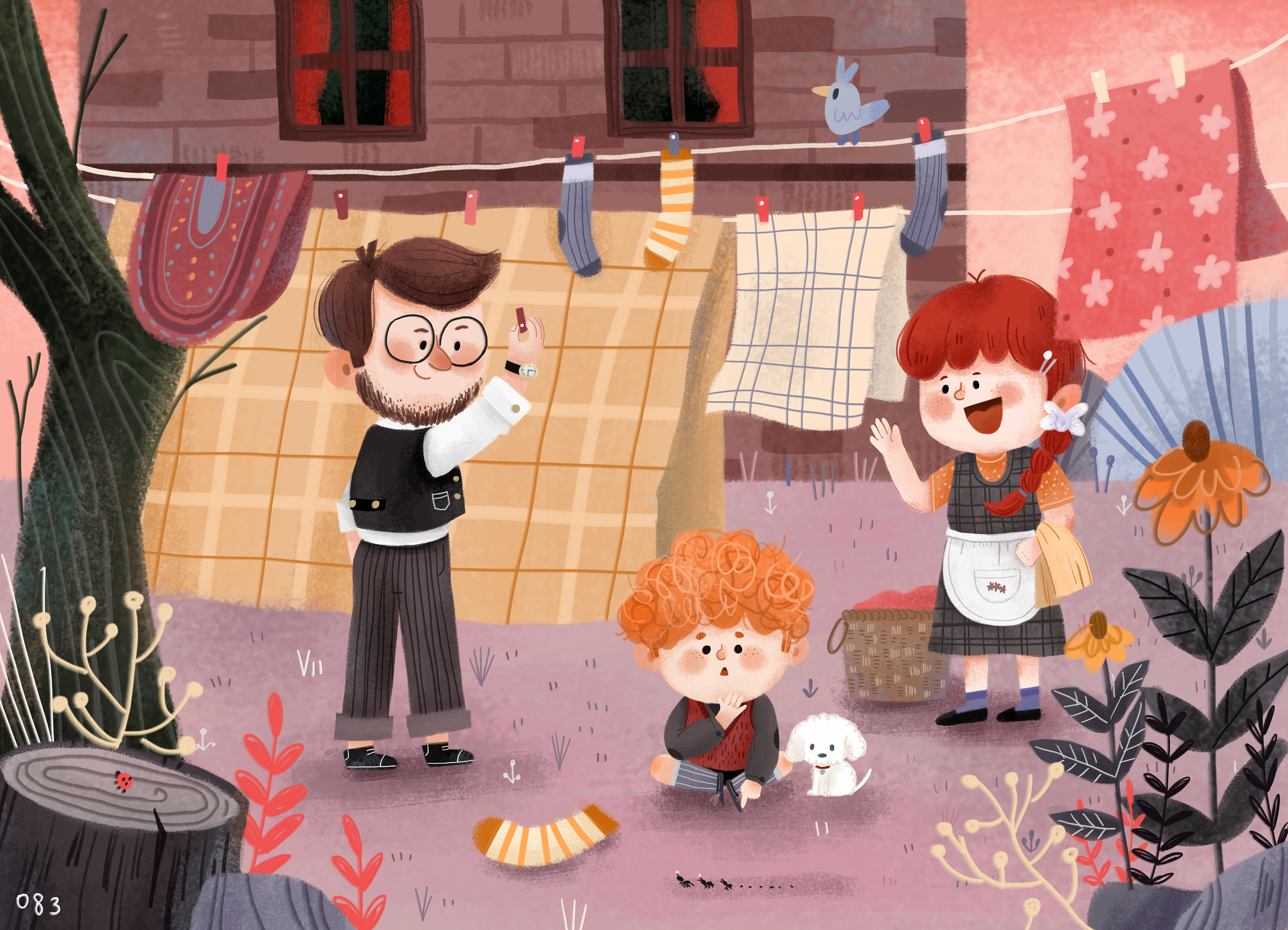 儿童插画场景练习 黄昏户外收衣服的一家人