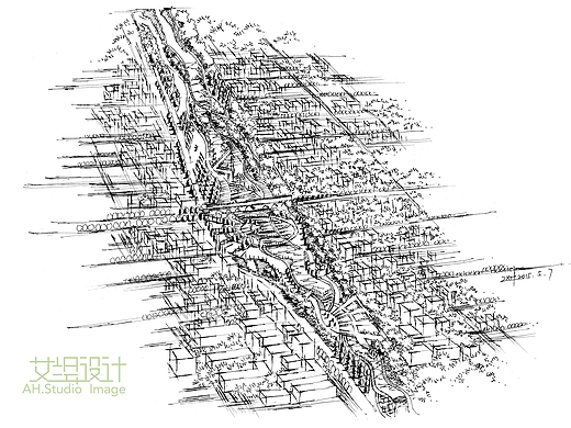 滨水空间鸟瞰图线稿