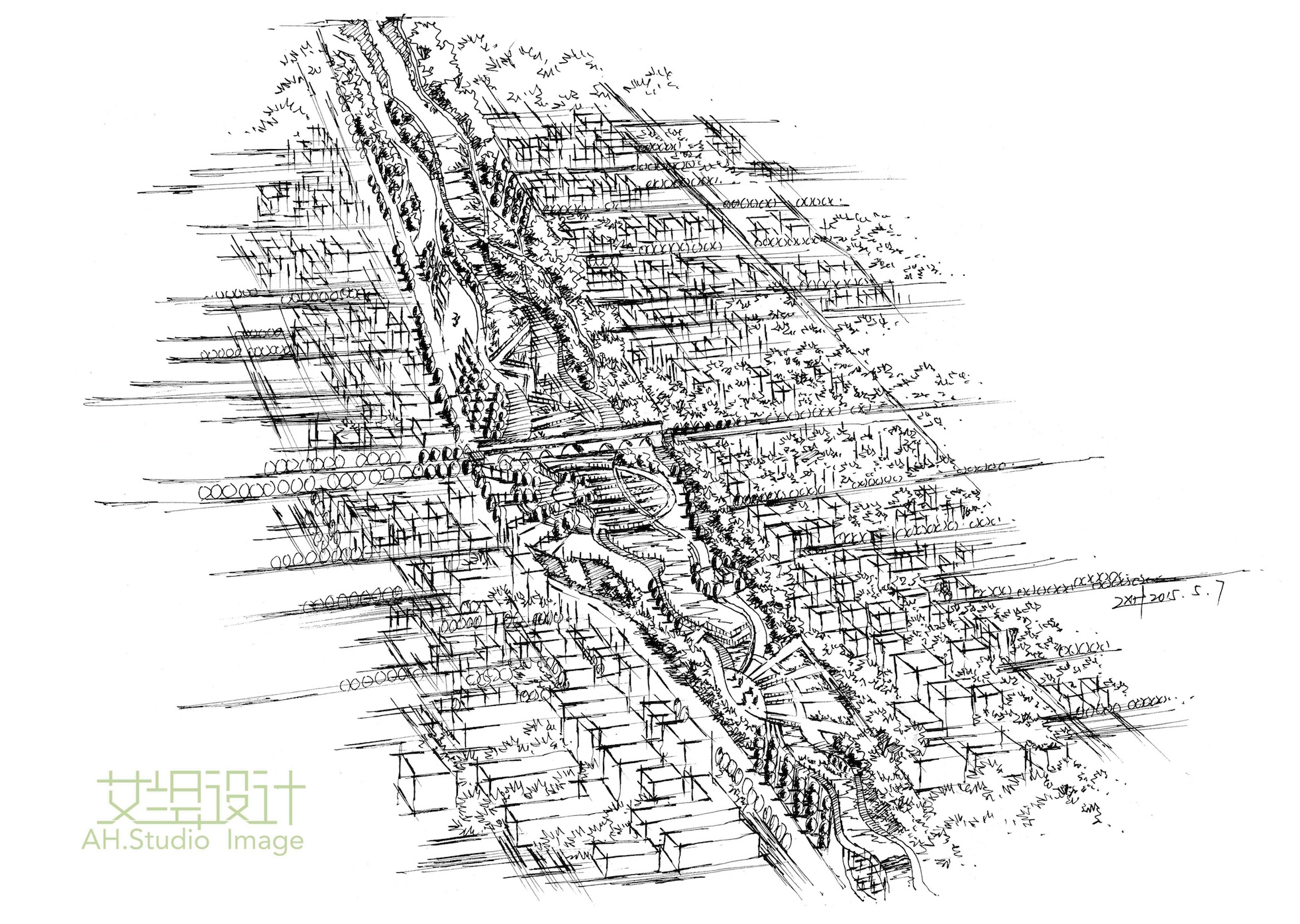 滨水空间鸟瞰图线稿|空间|景观设计|画手绘的慧丫头 - 原创作品