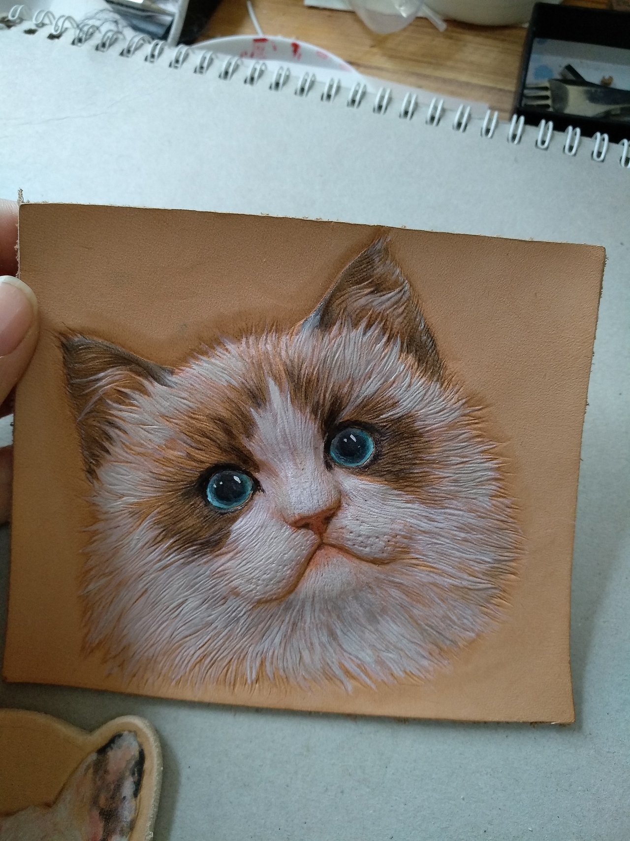 前面做了一只猫咪皮雕的小练习,一只没有上色,现在想养一只布偶猫,起名叫“波妞”,猫还没到,她的样子已经在心中了