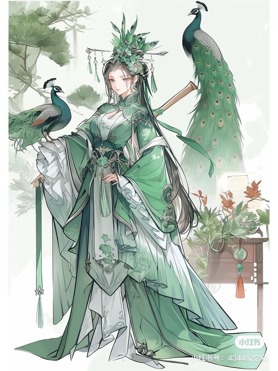 孔雀美女-中式插画