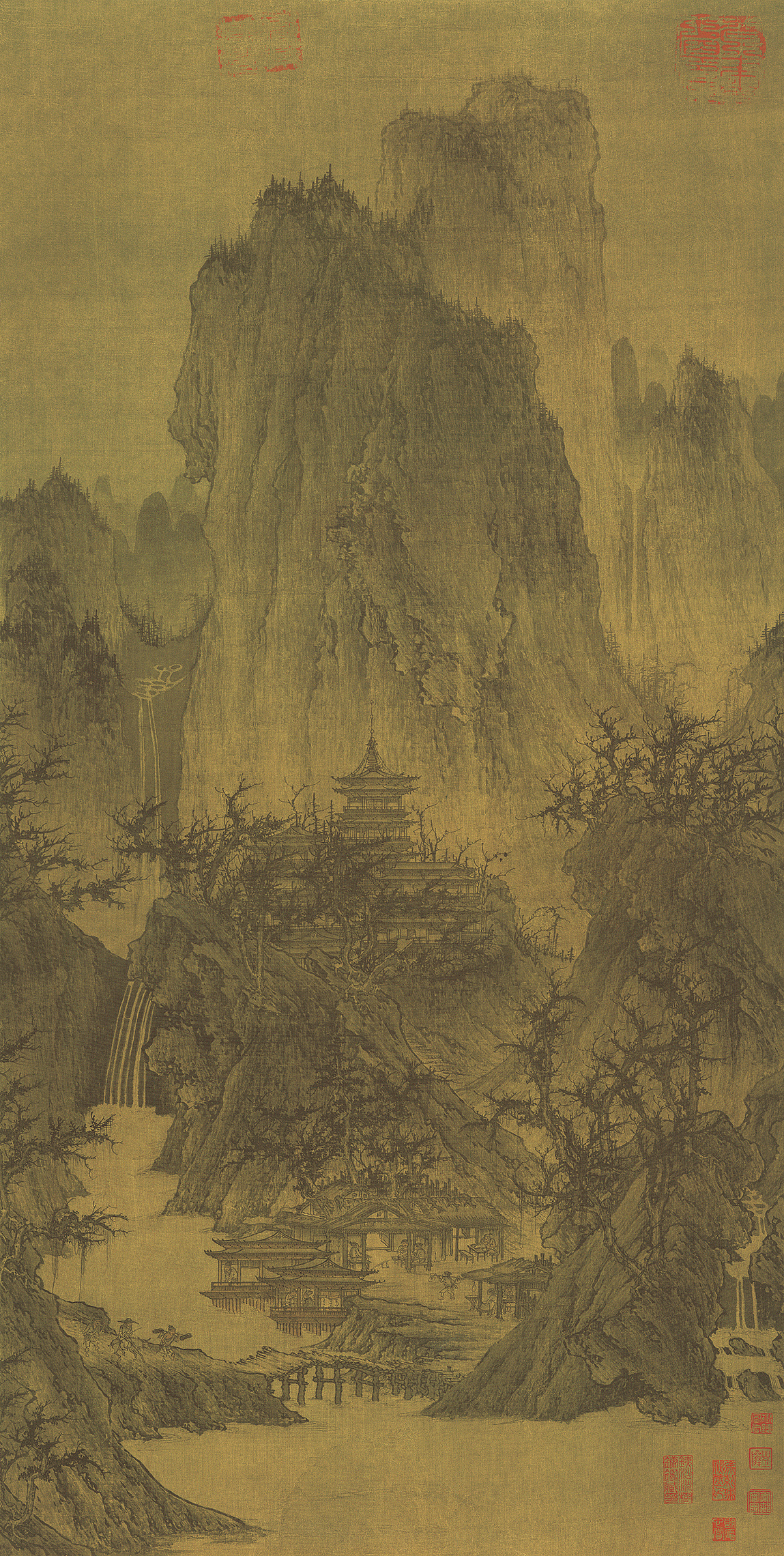 北宋李成晴峦萧寺图绢本国画临摹有局部图