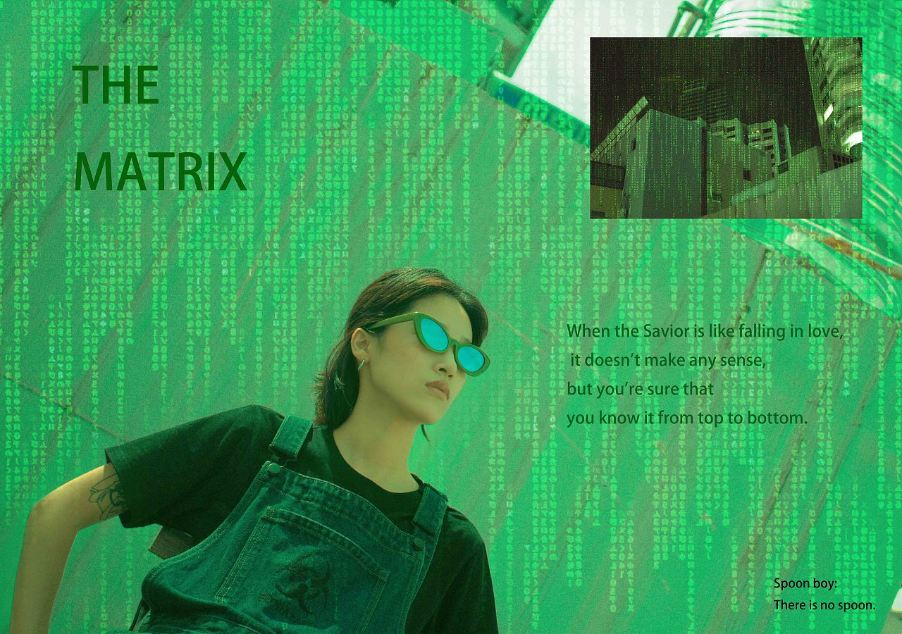 时常出现的绿色背景色调,也尝试引用了《黑客帝国》中虚拟世界的概念