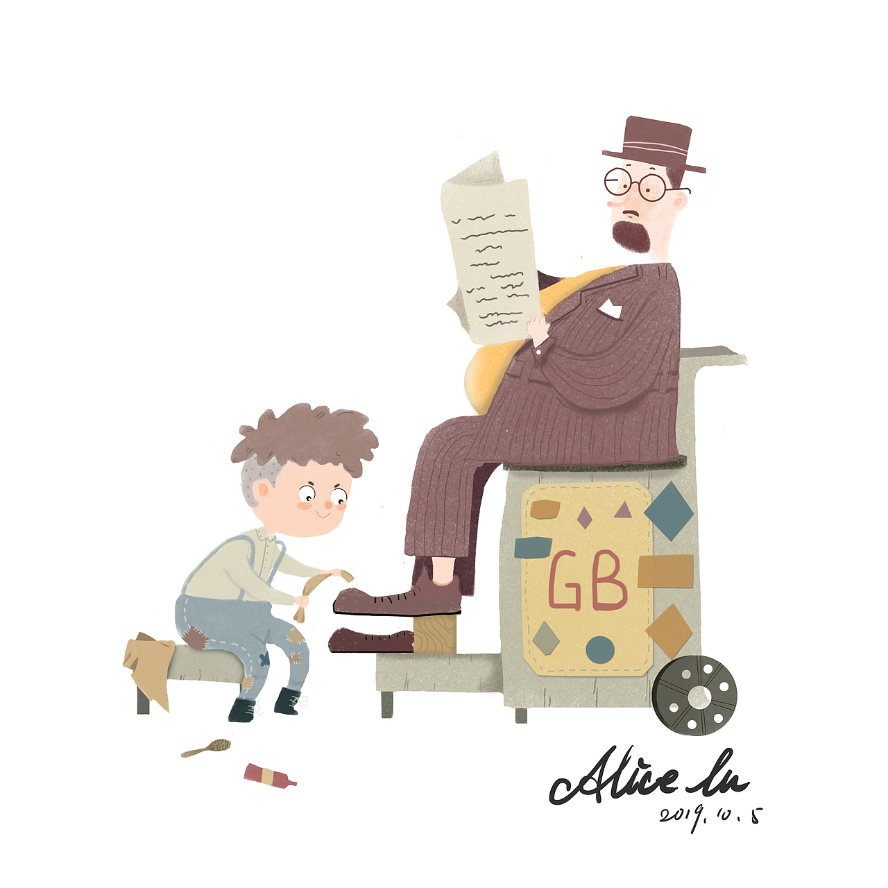 儿童插画临摹擦鞋男孩胖夫人