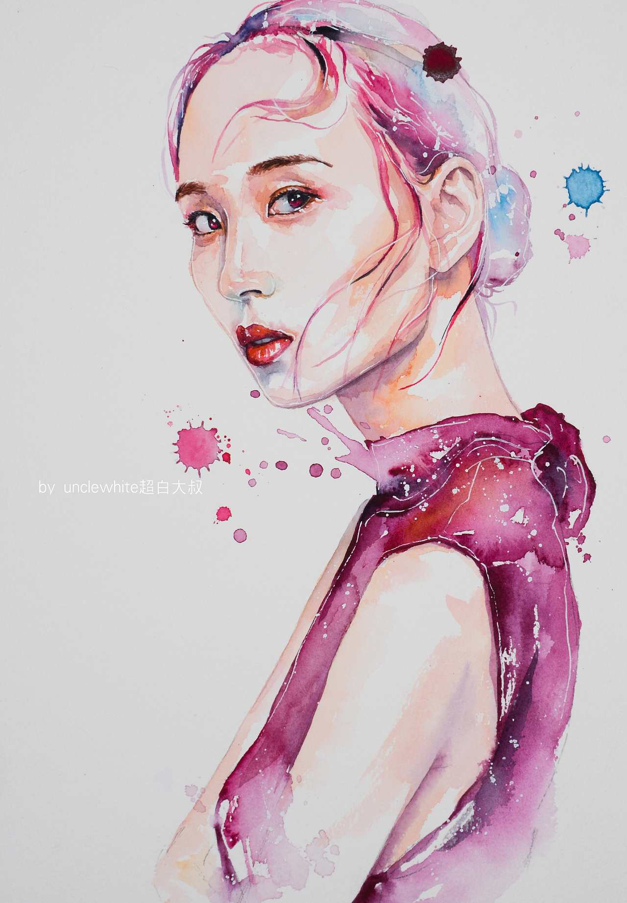 超白大叔作品:模特插图水彩人像