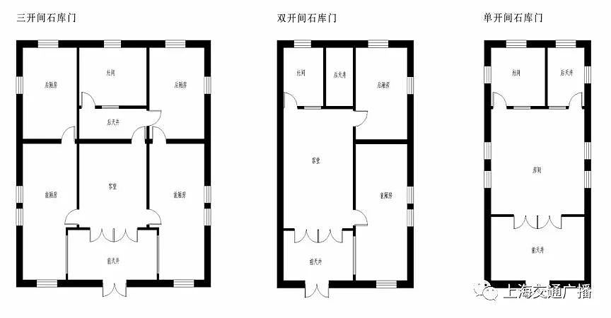 常规的石库门建筑有三开间,双开间和单开间.