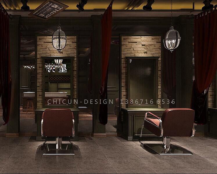 尺寸设计|新疆星秀坊理发店设计 发廊复古风设计效果图