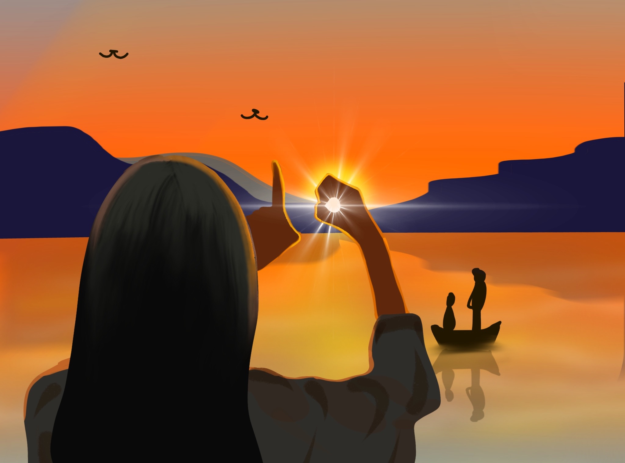 夏季海边的日落晚霞风景插画