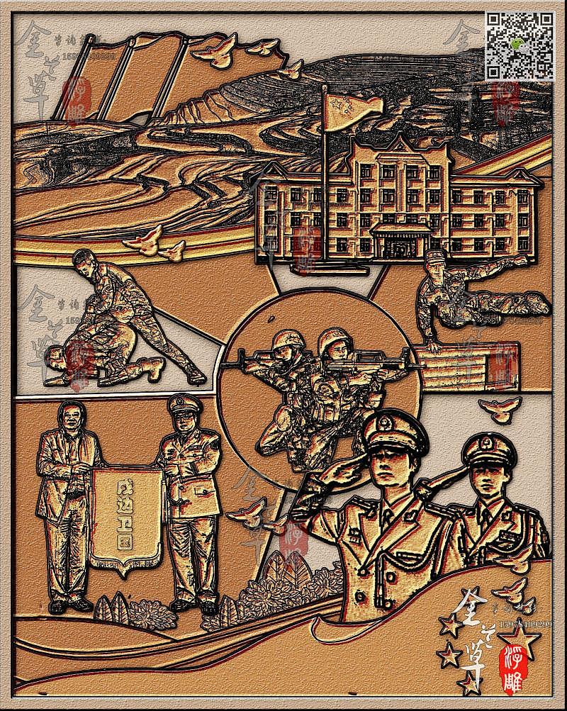 部队展览馆浮雕(右侧)设计思路:部队展览馆浮雕的后方是对部队所驻扎地方的风土人情的描绘,也是对祖国美丽山水的歌颂,在红旗下人民安居乐业,祖国和平昌盛;画面中飞扬的和平鸽,成长的花草,即与上幅浮雕设计有所呼应,也在浮雕设计中起到装饰作用,同时,也体现了部队热爱和平,对平安、和平的保护与追求。