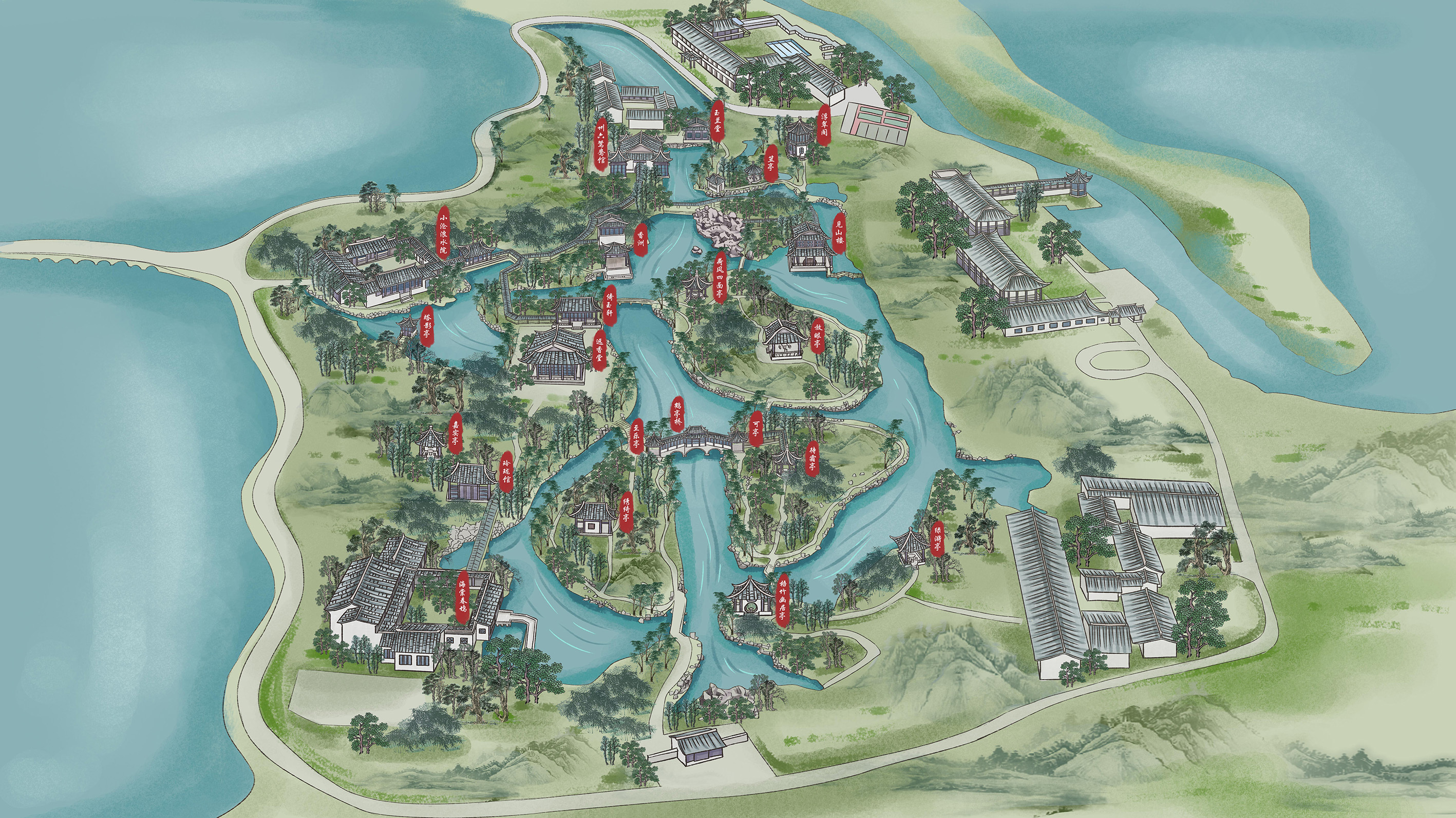 园林手绘地图设计景区场馆旅游h5小程序3d电子导览定制