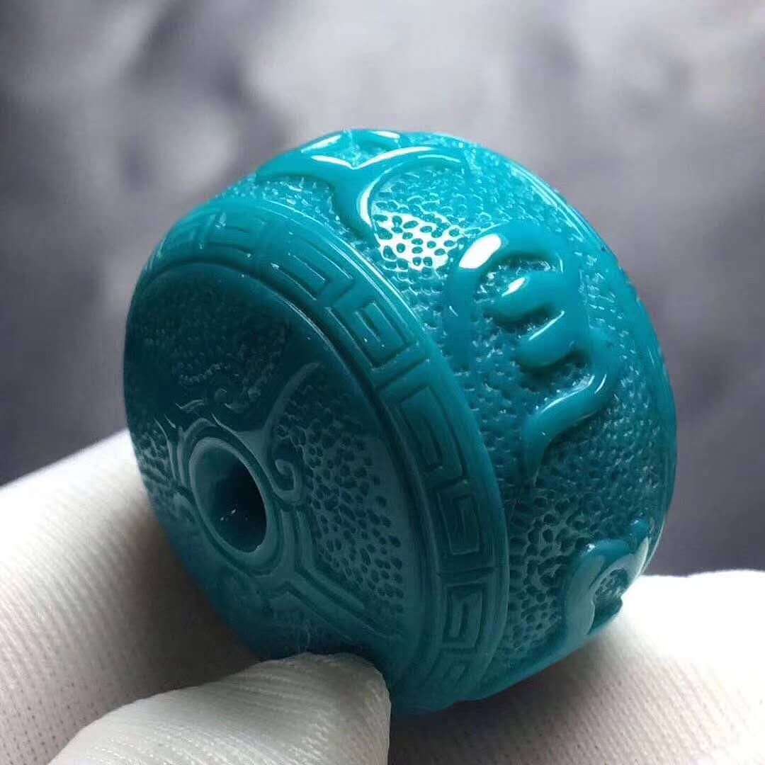 原矿高瓷蓝6字真言绿松石鼓珠——龙掌柜