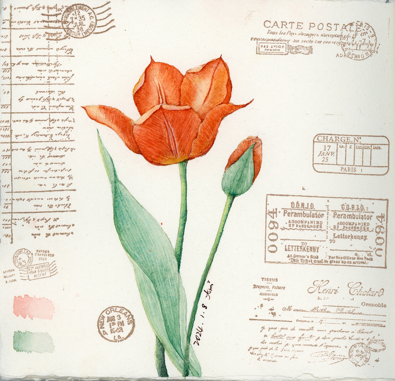 水彩手绘植物——复古邮戳系列（图ZMzc2MDExNDk2） - 商业插画 - 站酷设计师她在南方岛屿原创素材 - 站酷ZCOOL