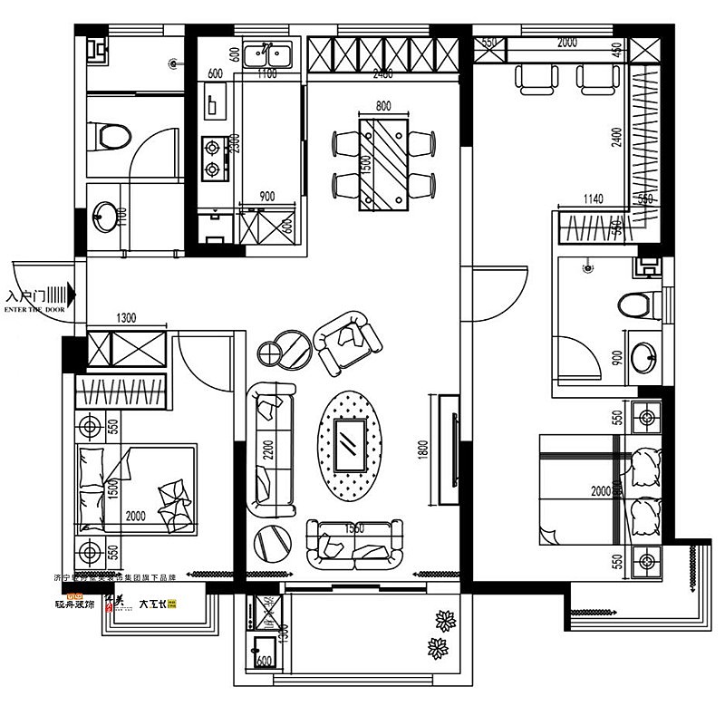 济宁皇营东郡 E1户型三室两厅两卫120平米 美式风格