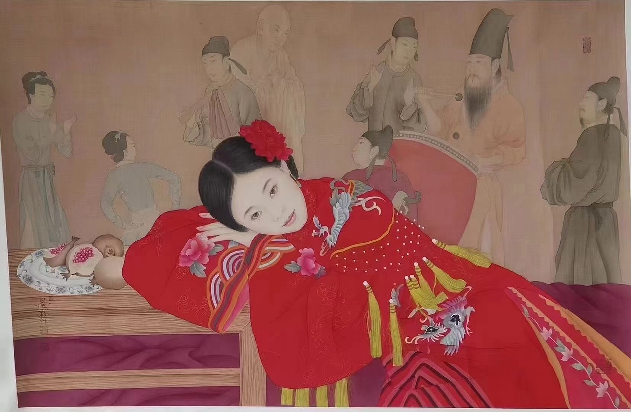 崔景哲 精品中国红工笔人物115×75cm 有合影视频