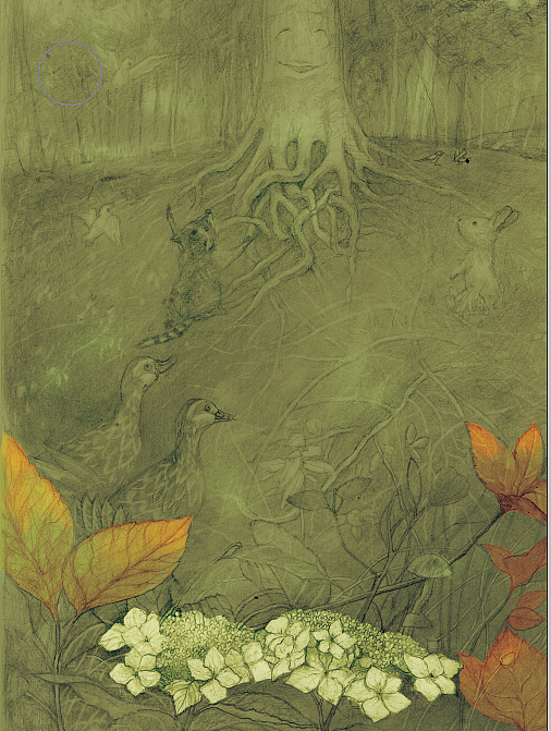 底色设定一个层后,我开始在中间那层上大色,我首先也是选取最前面的花草,之前说了的,那是俺们的强项,当然要扬长避短了,一个聪明的插画师总是会扬自己的长处的,所以我一旦遇到森林室外题材的画,就没完没了的刻画花草