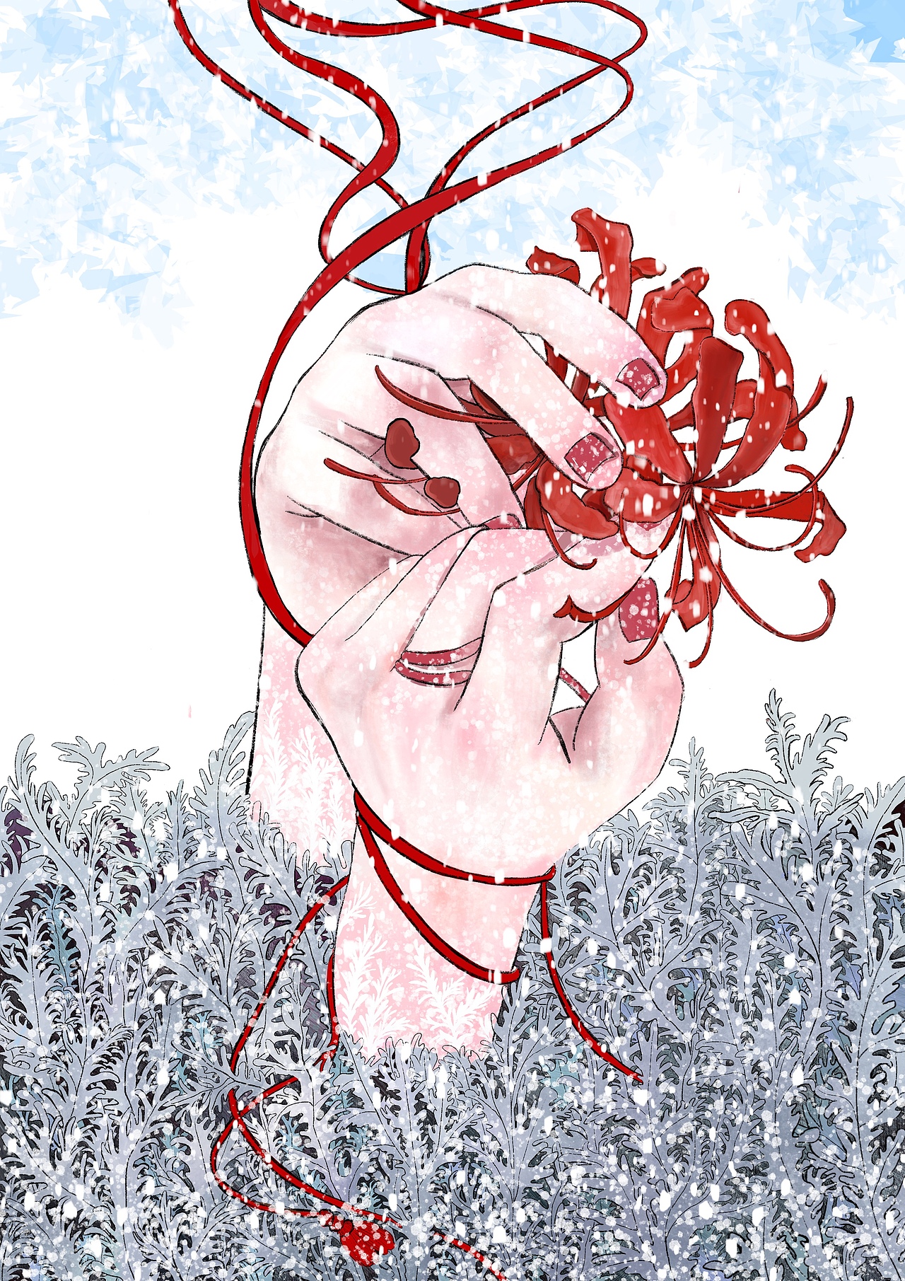 使用彼岸花作为素材,是因为彼岸花象征着死亡与重生正如冬天过去式又