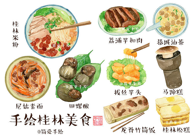 【纸上的美食】桂林山水甲天下，少不了风味独到的美（图ZNjcwNDIzODQ=） - 商业插画 - 站酷设计师简爱手绘原创素材 - 站酷ZCOOL