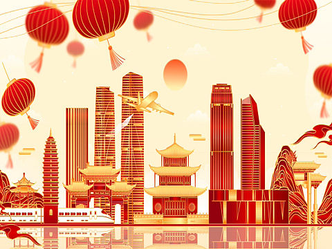 AI矢量插画/云南昆明/地标建筑/国潮风